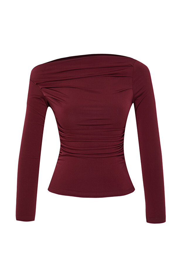 Bordo Büzgü/Drape Detaylı Fitted/Vücuda Oturan Uzun Kollu Esnek Örme Bluz TWOAW25BZ00248 - 7