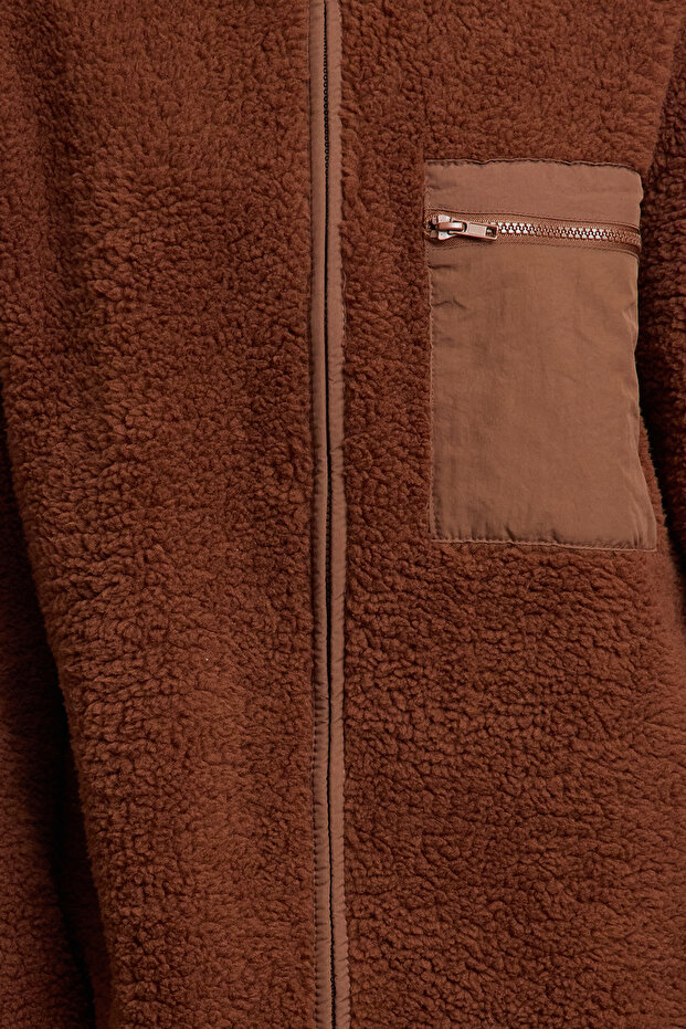 Winter Essentials Kahverengi Kalın Polar Fermuarlı Dik Yaka Cepli Örme Sweatshirt TWOAW24SW00071 - 3