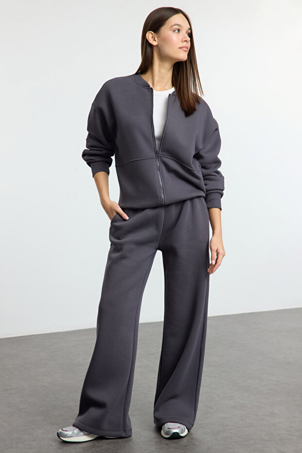 Anthrazitfarbenes Fleece-Trainingsanzug-Set mit Reißverschluss und dicker Innenseite - weite Passform Twoaw25em00001 - 2