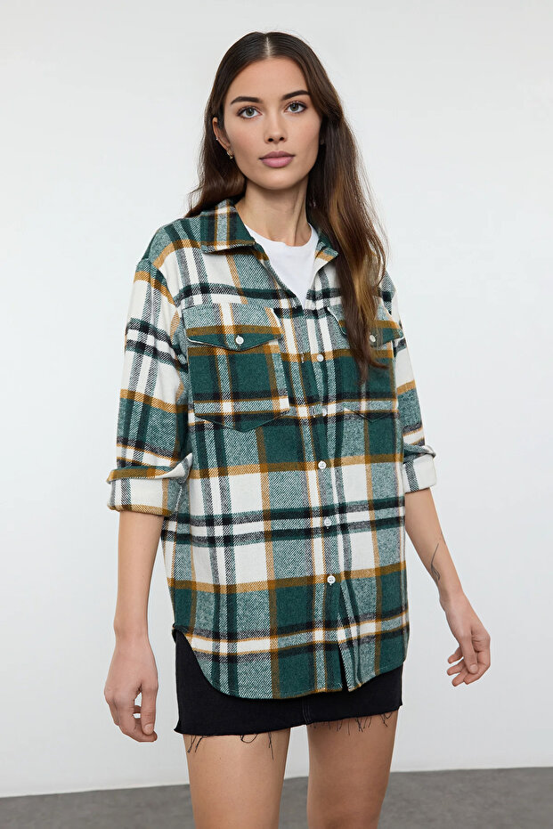 Koyu Yeşil Ekose Oversize/Geniş Kalıp Dokuma Gömlek TWOAW22GO0549 - 1