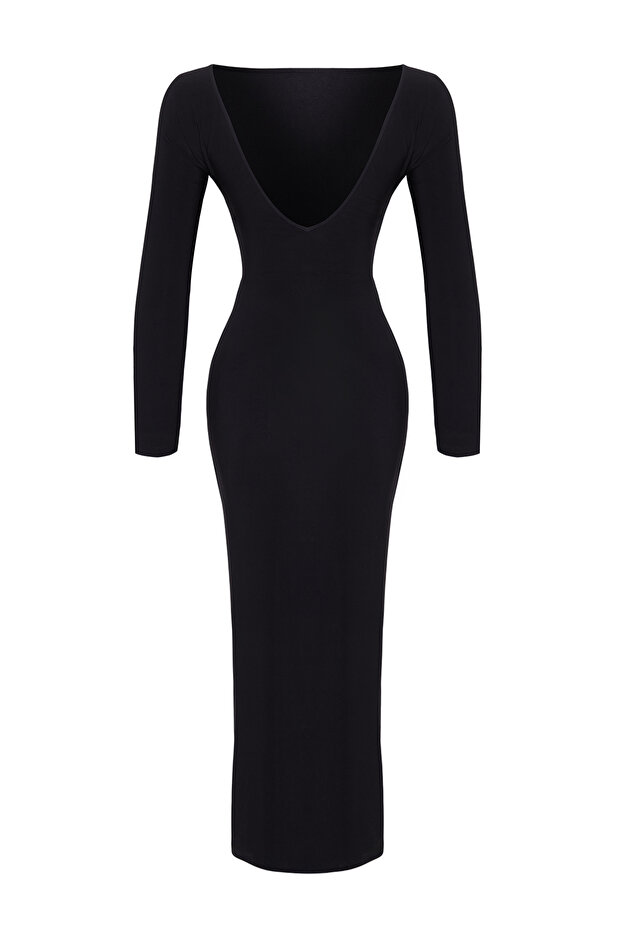 Siyah Kayık Yaka Sırt Dekolteli Yırtmaçlı Fitted/Vücuda Oturan Maxi Esnek Örme Elbise TWOAW24EL00824 - 8