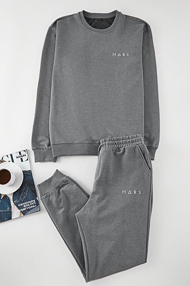 Koyu Gri Regular Fit Nakışlı Örme Pijama Takımı TMNAW24PT00040