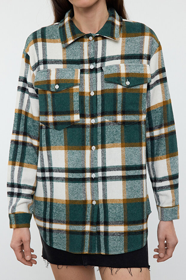 Koyu Yeşil Ekose Oversize/Geniş Kalıp Dokuma Gömlek TWOAW22GO0549 - 3