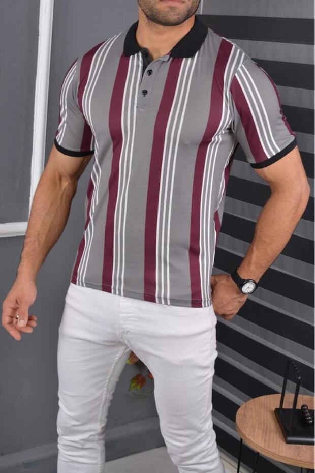 Burgundy - Gray Color Polo Neck Slim Fit Men's T-Shirt