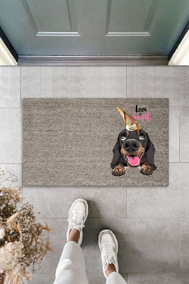 1Digital Printing Quality Gray Love Sweet Dog with Ice Cream Cone on His Head Decorative Door Mat