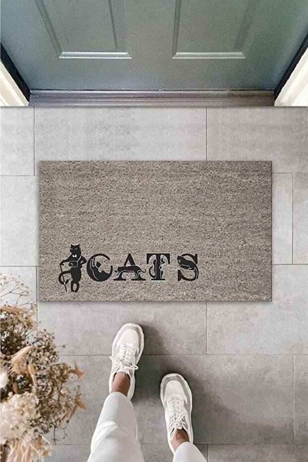 1Digital Printing Quality Decorative Door Mat with Gray Cats and the Words'Cats' Written on It