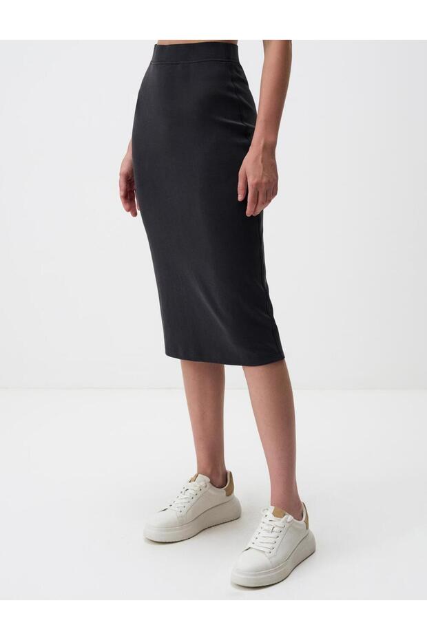 Siyah Normal Bel Basic Midi Etek - 4