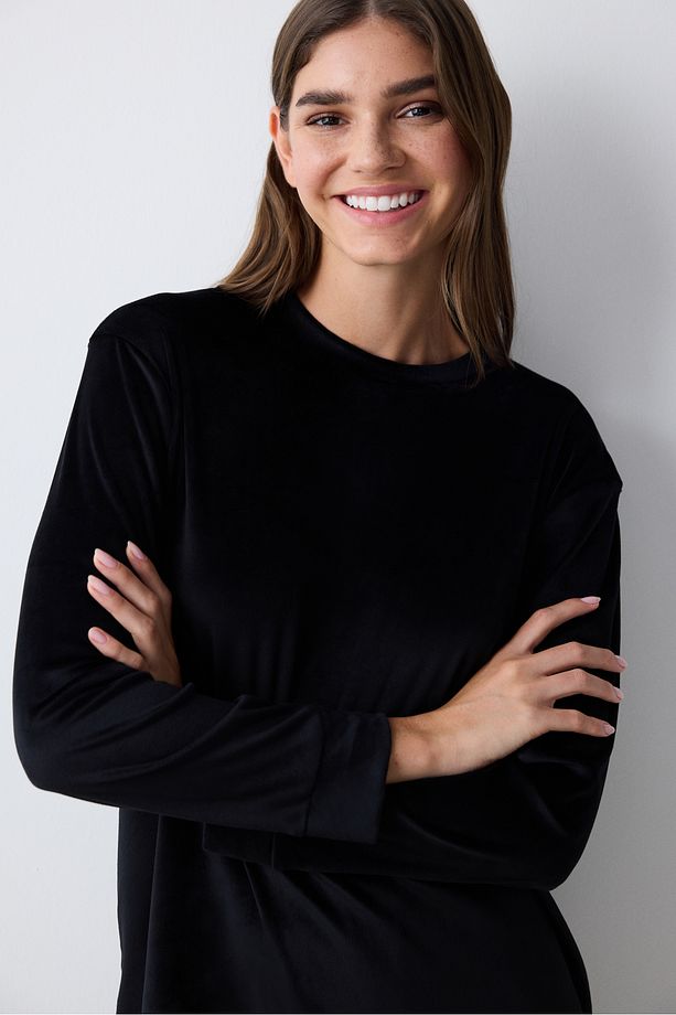 Black Fuzzy Solid Siyah Pijama Üstü - 2