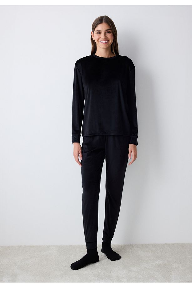 Black Fuzzy Solid Siyah Pijama Üstü - 1