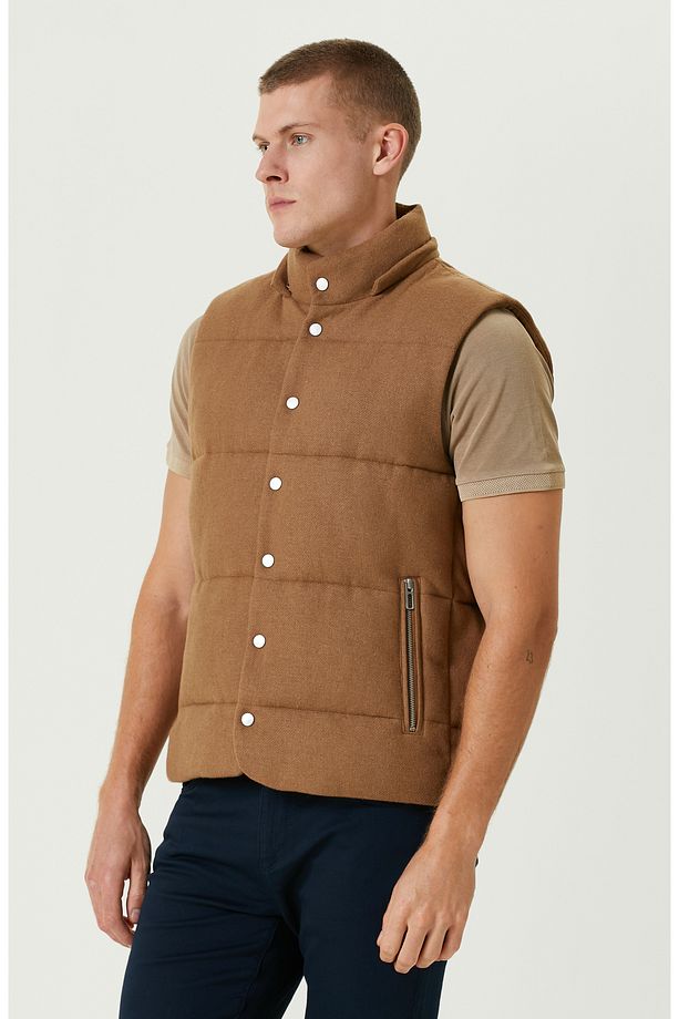 Camel Yün Karışımlı Kapüşonlu Puffer Casual Yelek - 4