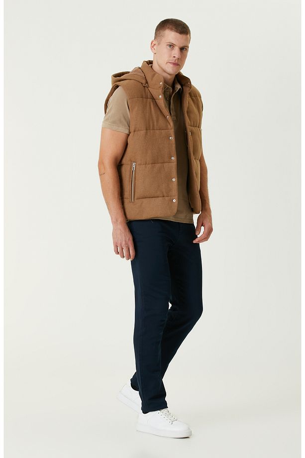 Camel Yün Karışımlı Kapüşonlu Puffer Casual Yelek - 3