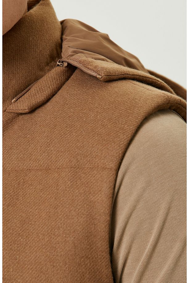 Camel Yün Karışımlı Kapüşonlu Puffer Casual Yelek - 7