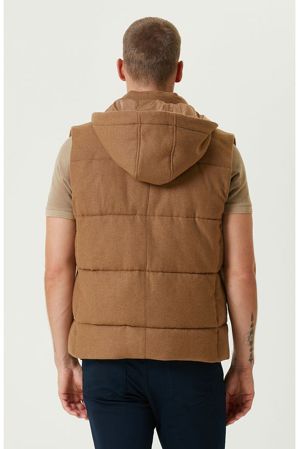 Camel Yün Karışımlı Kapüşonlu Puffer Casual Yelek - 5