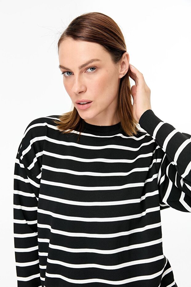 Çizgili Basic Triko Tunik-SİYAH - 5