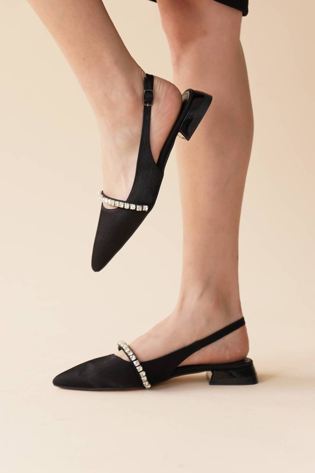 Women's Stone Detailed Short Heeled Ballerinas Droma Black