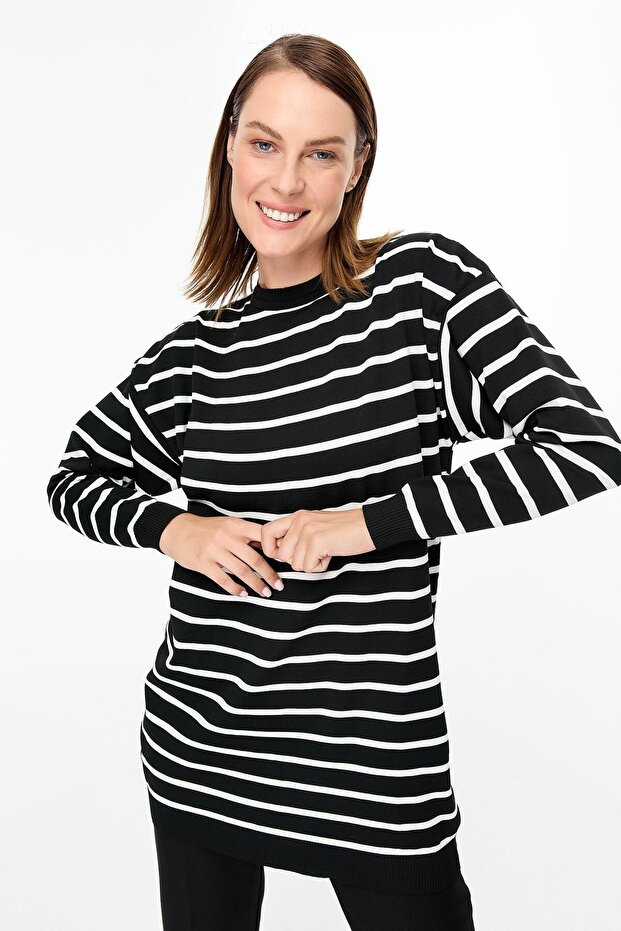 Çizgili Basic Triko Tunik-SİYAH - 2