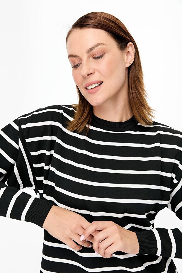 Çizgili Basic Triko Tunik-SİYAH - 8