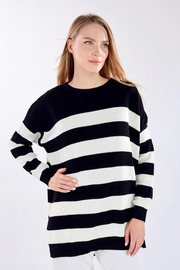 5380 Model - Black Striped Crew Neck Tunic - 2