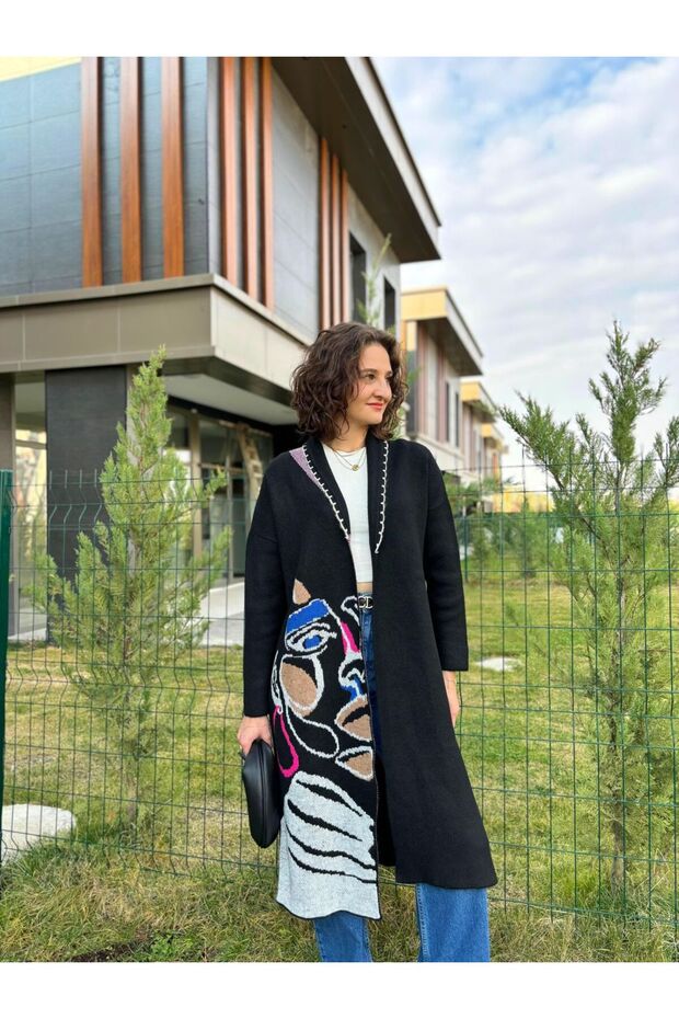 Oversize Desenli Triko Hırka - 3