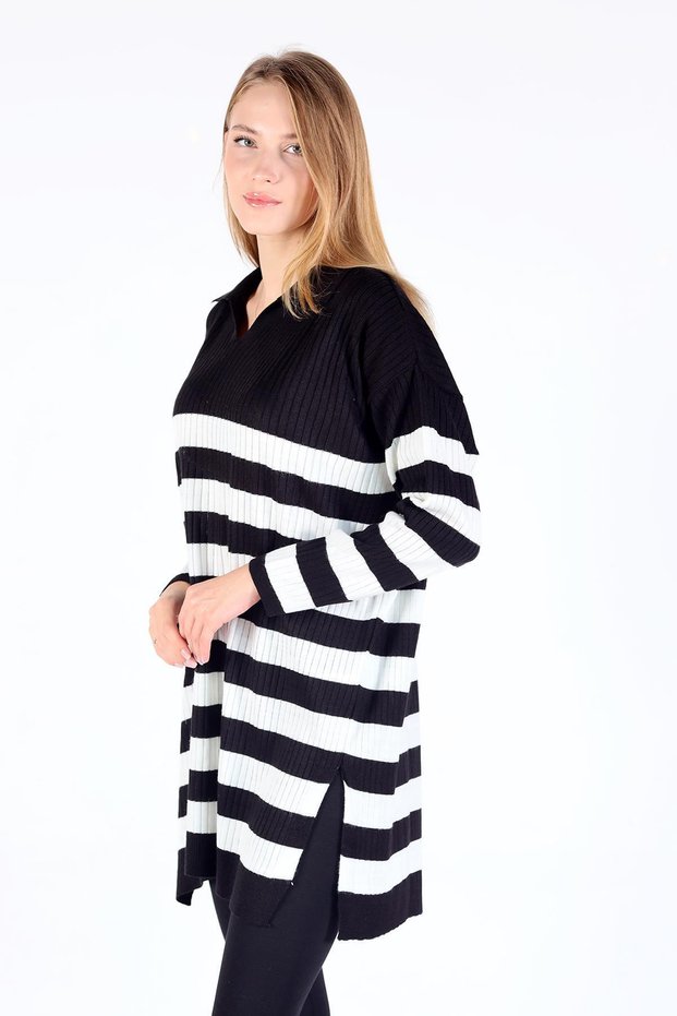 Black Striped Ribbed Knitwear Tunic 5335