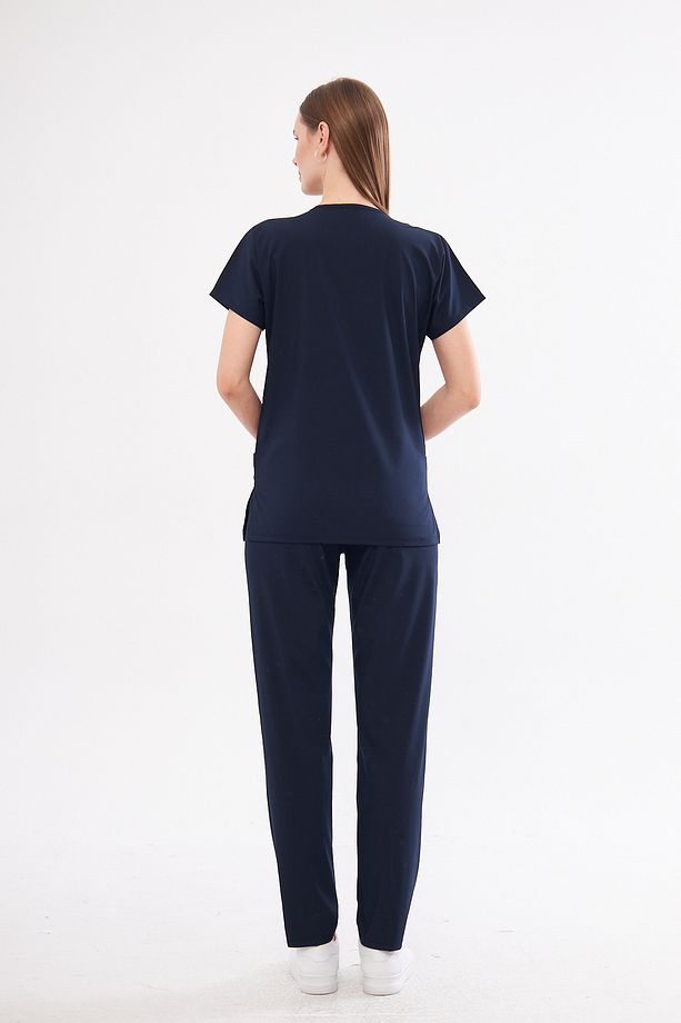 Lacivert Likralı Unisex Yarasa Kol Hemşire Ve Doktor Forması Takımı Scrubs Hastane Üniforması - 5