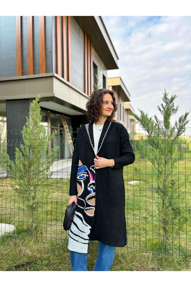 Oversize Desenli Triko Hırka - 1