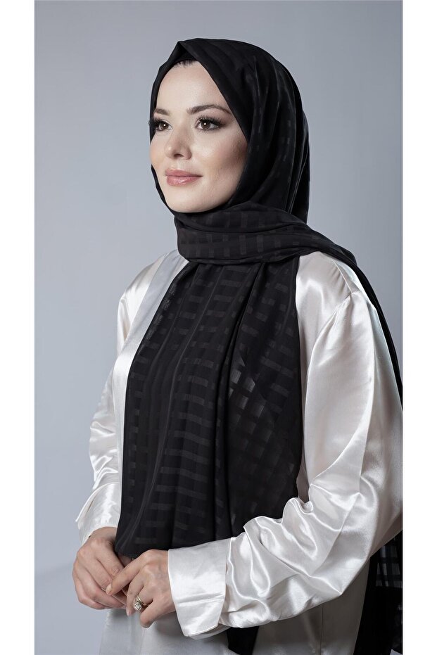 Black Patterned Shawl Chiffon Fabric Checked Striped 202107_01