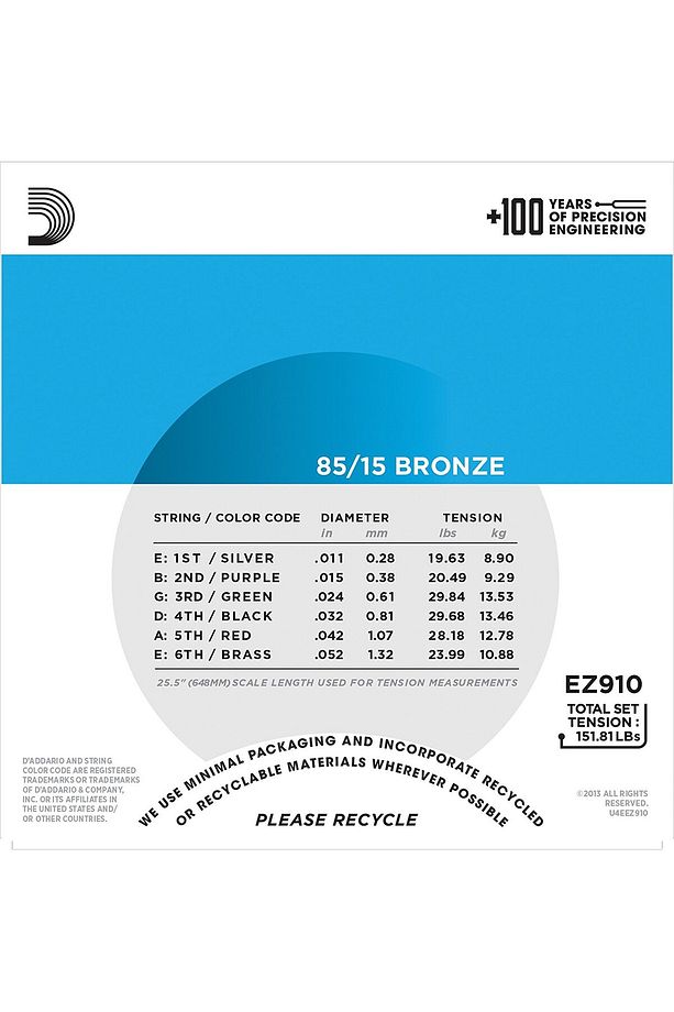 EZ910 AKUSTİK GİTAR TEL SETİ, 85/15 BRONZE, LIGHT GAUGE D'addario EZ910, 85/15 Bronze - Li - 2