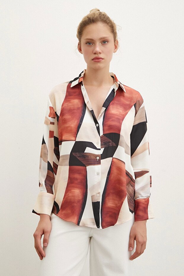 Patterned V-Neck Shirt Brown - 6