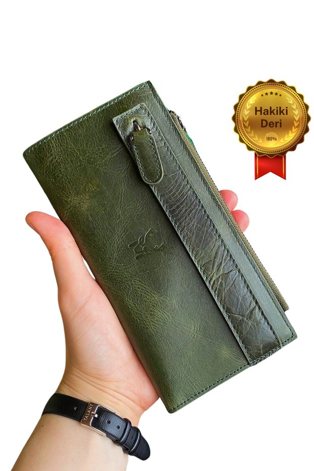 Mannu - Elite Serie Real Leather Long Green Wallet with Hand Strap, Coin Compartment