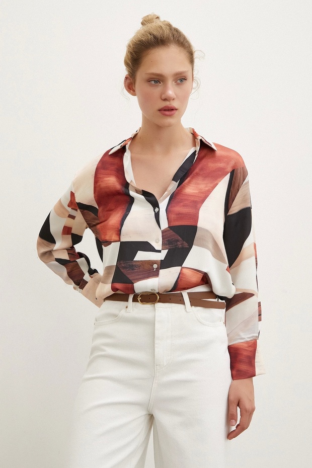 Patterned V-Neck Shirt Brown - 3