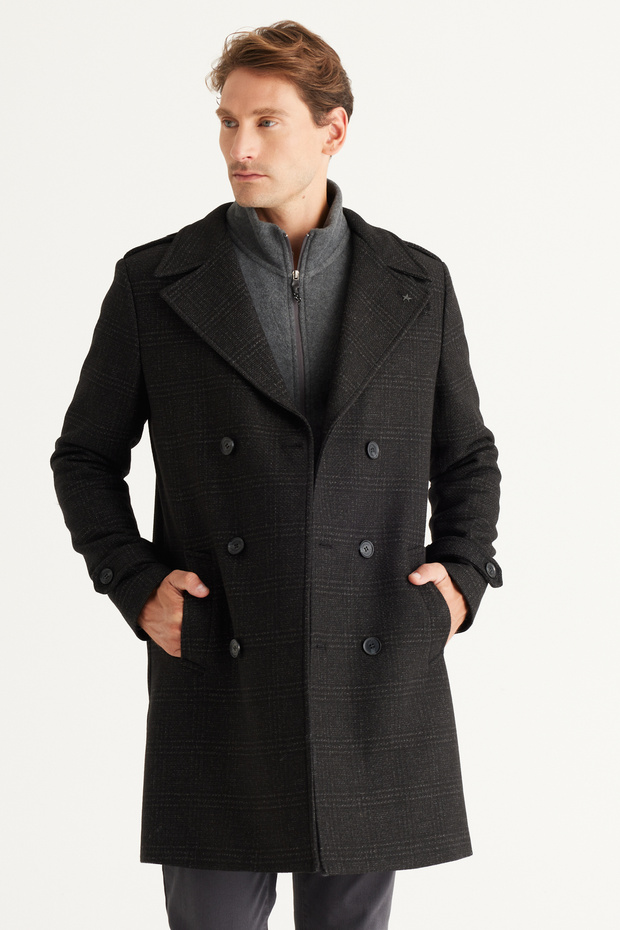 Paltoane pentru bărbați din lână neagră, cu croiala normală, cu guler mono - 6