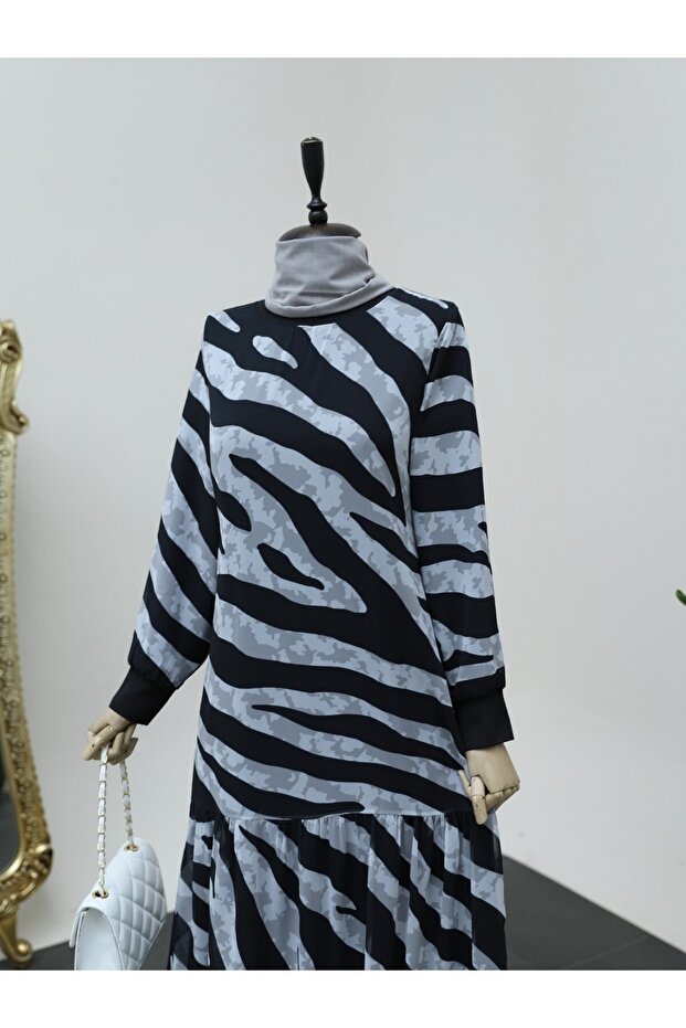 Zebra Desen Eteği Parçalı Astarlı Şifon Elbise -siyah - 1