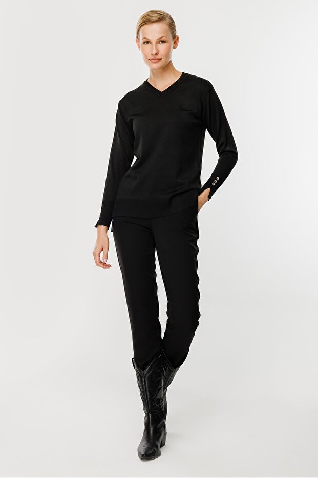 V Yaka Basic Triko Kazak-SİYAH - 2