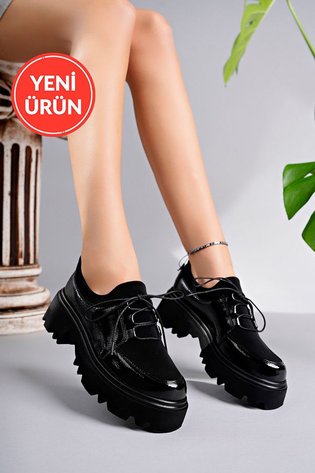Flex Model Scuba Dalgıç Kumaş Detaylı Siyah Kırışık Rugan Bağcıklı Kadın Loafer Ayakkabı - 1