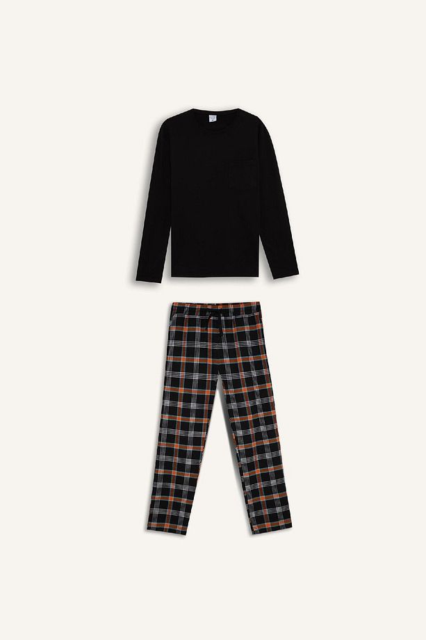 Regular Fit Pijama Takımı Bisiklet Yaka Basic Düz Uzun Kollu Üst Kareli Uzun Alt C6122ax24wn - 7
