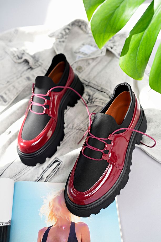 Flex Model Scuba Dalgıç Kumaş Detaylı Bordo Kırışık Rugan Bağcıklı Kadın Loafer Ayakkabı - 6