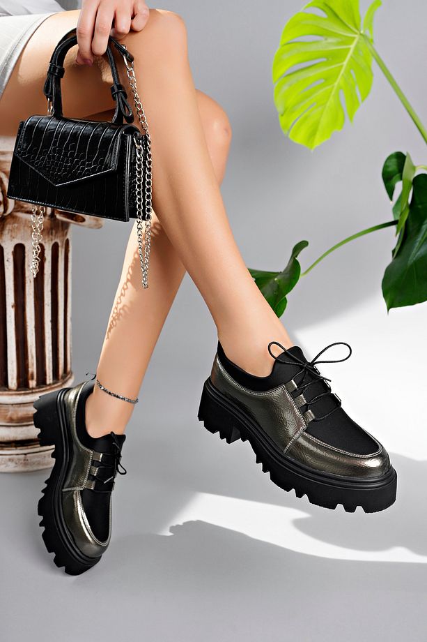 Flex Model Scuba Dalgıç Kumaş Detaylı Platin Gümüş Kırışık Rugan Bağcıklı Kadın Loafer Ayakkabı - 3