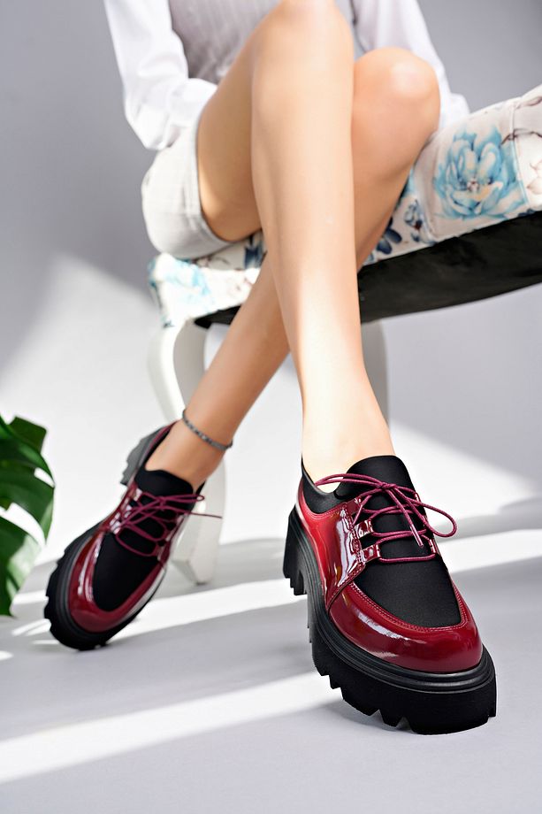 Flex Model Scuba Dalgıç Kumaş Detaylı Bordo Kırışık Rugan Bağcıklı Kadın Loafer Ayakkabı - 2