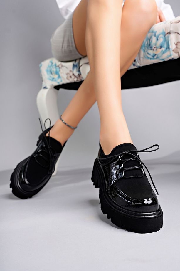Flex Model Scuba Dalgıç Kumaş Detaylı Siyah Kırışık Rugan Bağcıklı Kadın Loafer Ayakkabı - 3