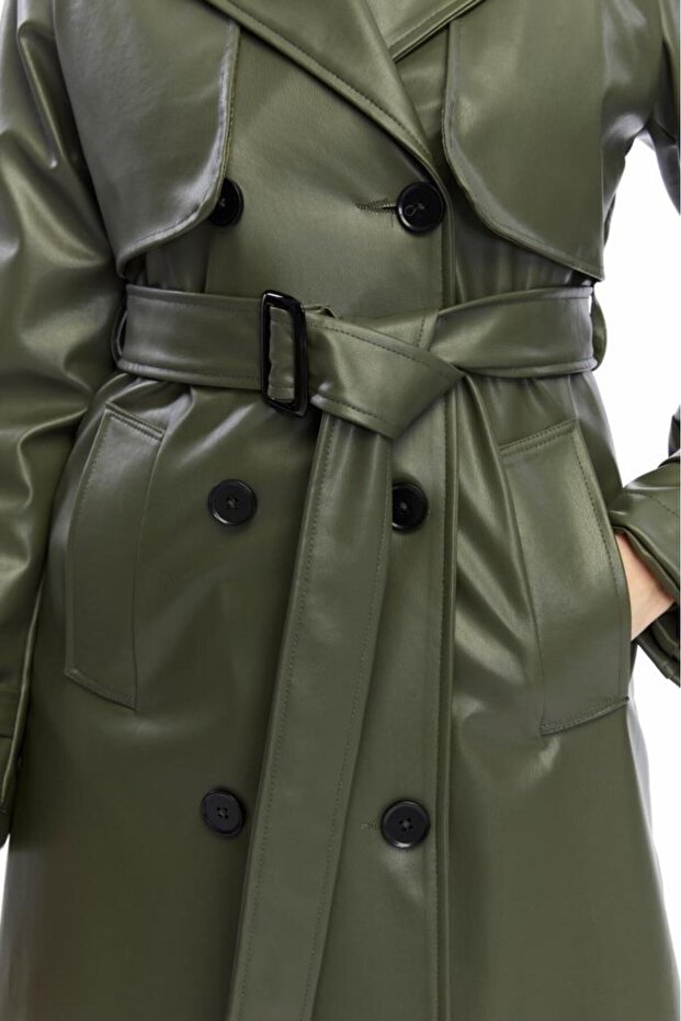 Long Leather Trench Coat with Double Pockets