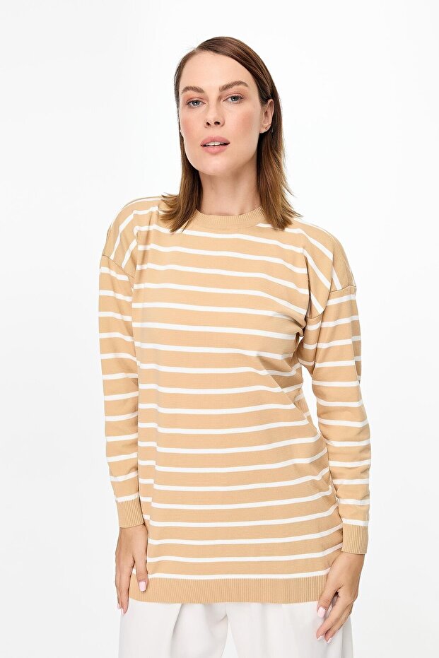 Çizgili Basic Triko Tunik-BİSKÜVİ - 1