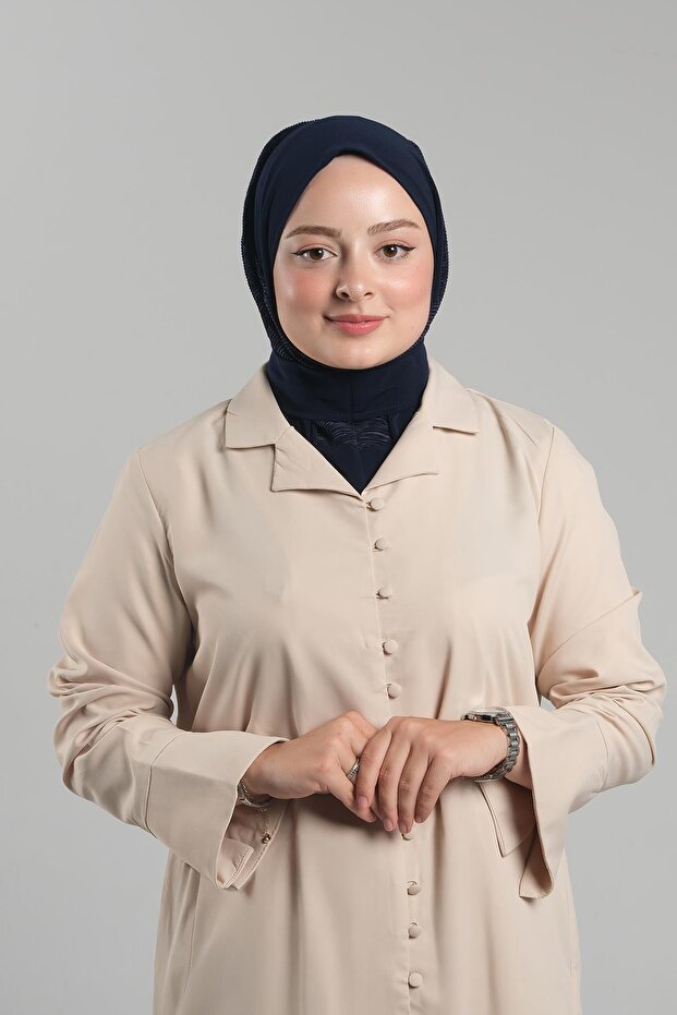 Navy Blue Practical Ready-Made Pleated Hijab Scarf - Sandy Hijab with Back Snaps 2406_02