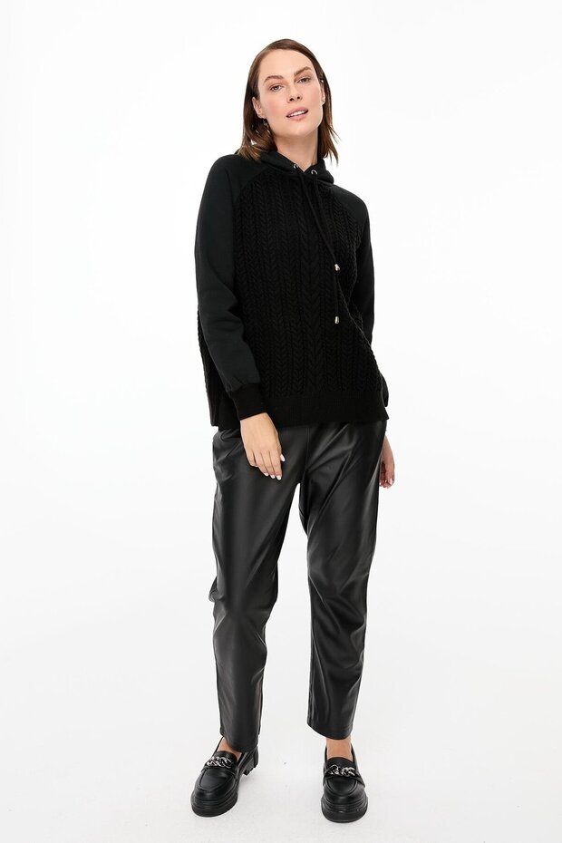 Kapüşonlu Örme Desenli Triko Bluz-SİYAH - 2