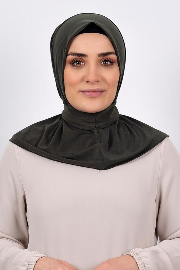 Khaki Practical Ready-made Interlocking Hijab Scarf Sandy Fabric with Snaps at the Back 2101_09