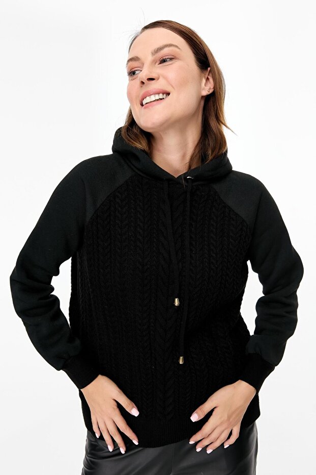 Kapüşonlu Örme Desenli Triko Bluz-SİYAH - 6