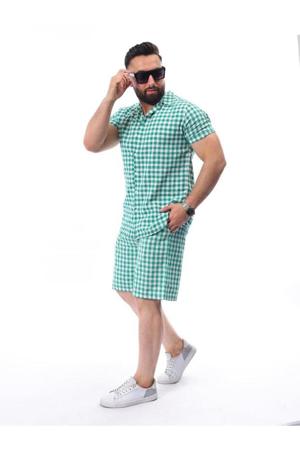 Green - White Color Linen Plaid Men's Shorts - Shirt Bottom Top Set