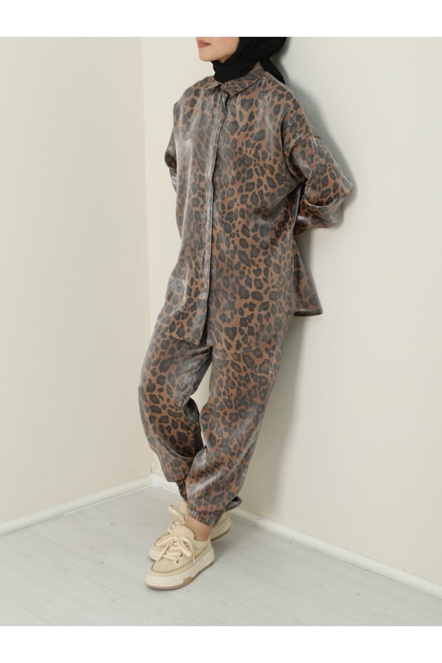 Leopard Pattern Flamed Satin Set - Brown - 7