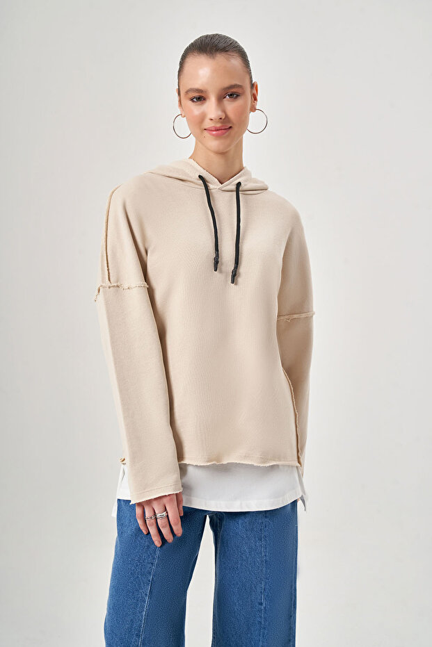 Hooded Garnished Beige Sweatshirt
