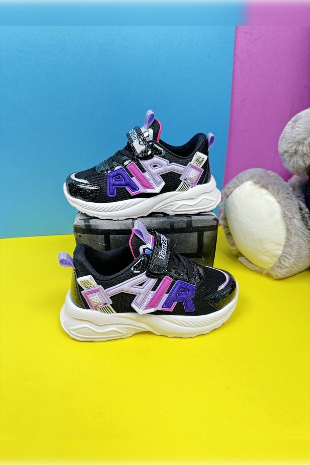 Daily Unisex Children's Black Sneaker with Rubber Laces and Velcro Breathable Sports Shoes 080